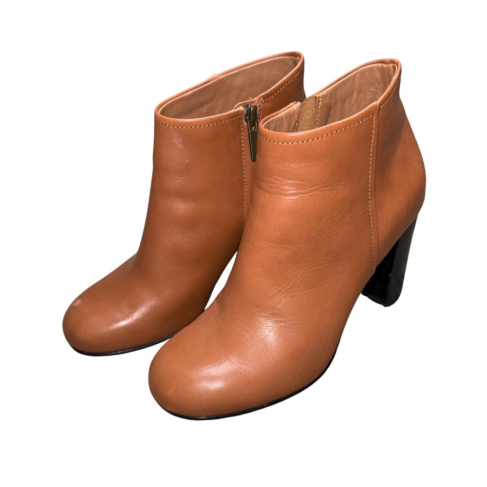 Brooks Brothers Ankle Boots Women 7.5 Tan Leather Block Heel Zip Up Good